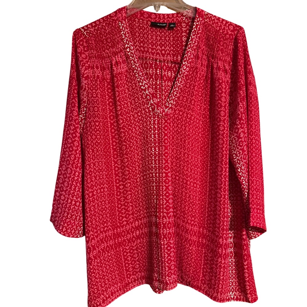 A New Approach Red Pink Pattern Tunic Top Blouse‎ Womens XL Long Sleeve V Neck